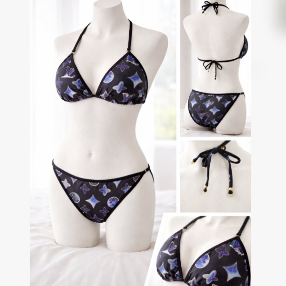Monogram Bikini Set Black Blue Triangle Top Bottoms Size L Adjustable
